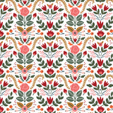 colorful red pink and green floral design pattern on white background Removable Peel and Stick Wallpaper