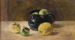 colorful hand painted still life pot with fruit illustration canvas print