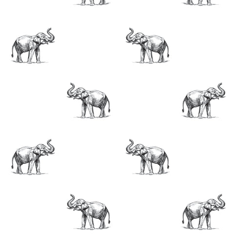 illustrated black and white elephant pattern on white background Removable Peel and Stick Wallpaper