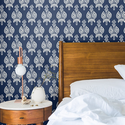 white elegant torch flower elegant design pattern on dark indigo blue background Removable Peel and Stick Wallpaper in bedroom