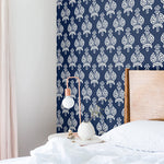 white elegant torch flower elegant design pattern on dark indigo blue background Removable Peel and Stick Wallpaper in bedroom