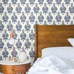 dark indigo blue torch flower elegant design pattern on white background Removable Peel and Stick Wallpaper in bedroom