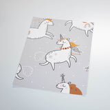 cartoon style white and orange unicorn design illustration pattern on grey background peel and stick wallpaper sample size