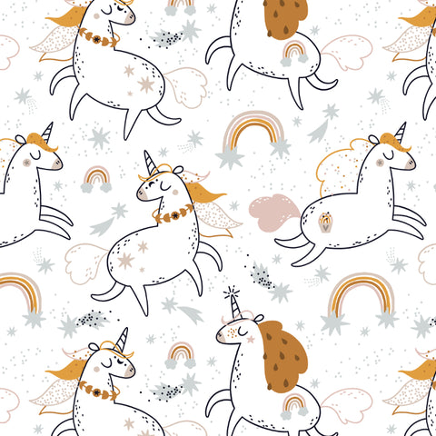 cartoon style white and orange unicorn and rainbow design pattern on white background peel and stick wallpaper