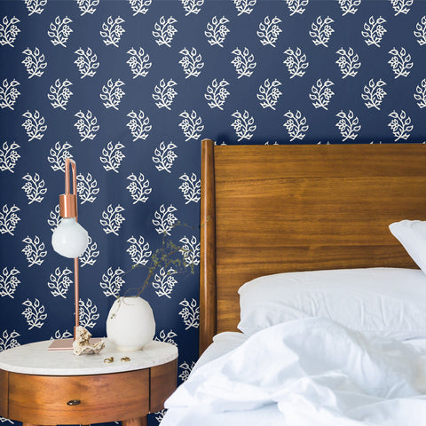 white branch and leaf design pattern on indigo blue background Removable Peel and Stick Wallpaper in bedroom