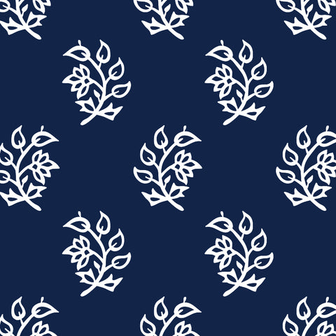white branch and leaf design pattern on indigo blue background Removable Peel and Stick Wallpaper