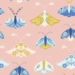 white blue and yellow butterfly pattern on pink background Removable Peel and Stick Wallpaper