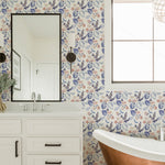 vintage blue purple and pink floral design pattern on white background Removable Peel and Stick Wallpaper in bathroom