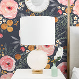 watercolor pink black and yellow rose flower pattern on dark background Removable Peel and Stick Wallpaper in bedroom