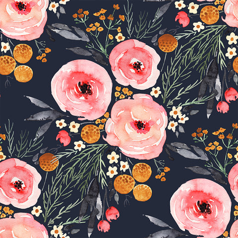 watercolor pink black and yellow rose flower pattern on dark background Removable Peel and Stick Wallpaper