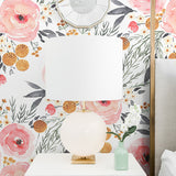 watercolor pink black and yellow rose flower pattern on white background Removable Peel and Stick Wallpaper in bedroom