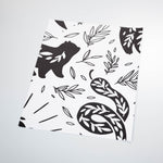 charcoal black animal and leaves silhouette pattern on white background Removable Peel and Stick Wallpaper sample size