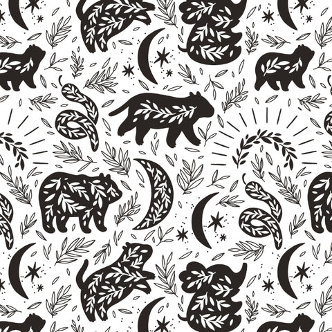 charcoal black animal and leaves silhouette pattern on white background Removable Peel and Stick Wallpaper